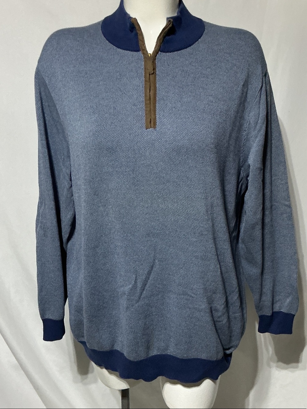 Oak Hill Men's Blue Quarter-Zip Knit Sweater Contrast Trim Elbow Patch Sz 2XL